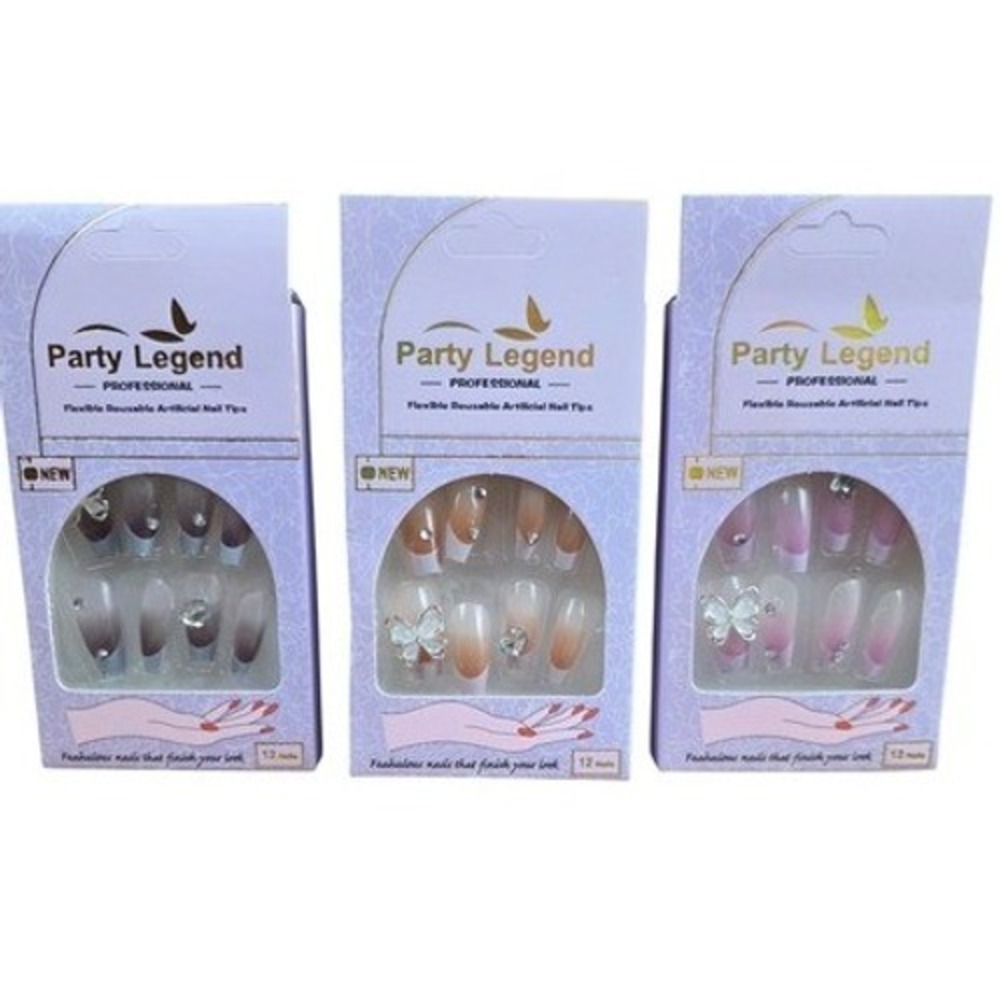 Party Legend Artificial Nail Tips 12ct Multicolor New Ombre Butterfly Rhinestone